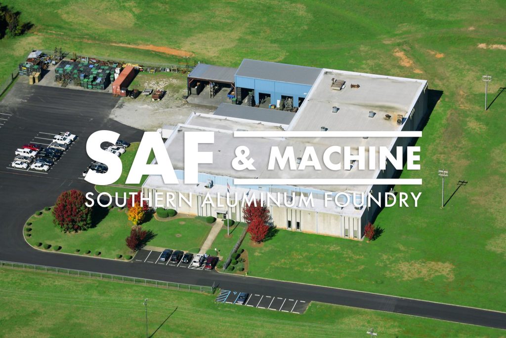 Aerial view of Southern Aluminum Foundry Clinton South Carolina location superimposed with the SAF & Machine logo.