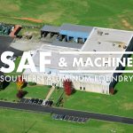 Aerial view of Southern Aluminum Foundry Clinton South Carolina location superimposed with the SAF & Machine logo.