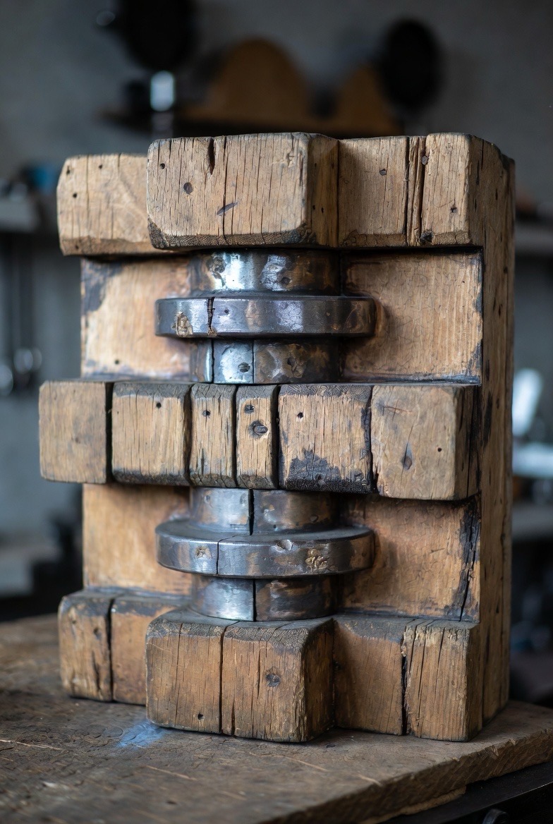 Close-up of a weathered wooden casting pattern